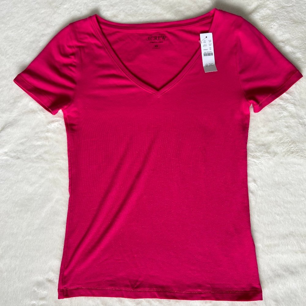 J. Crew V-neck T-shirt in stretch linen blend, Festival Pink X-Small NWT